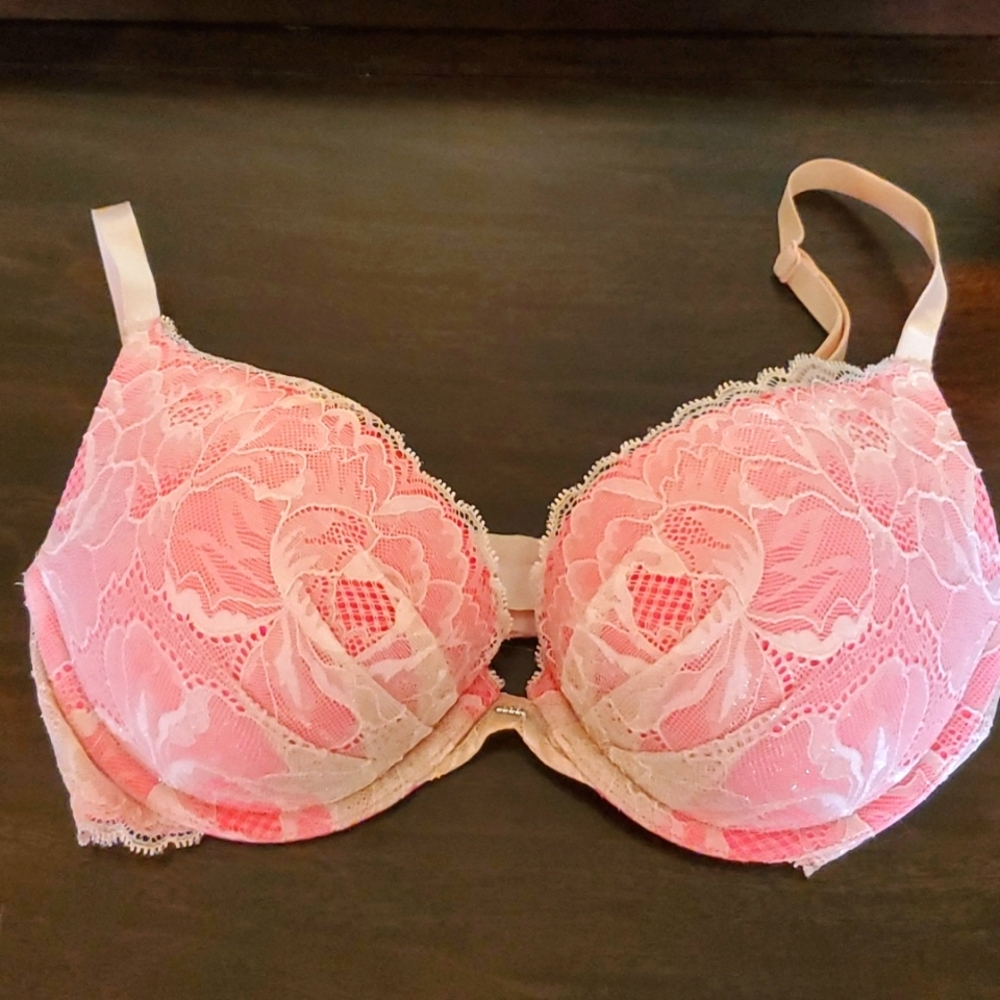 34D VS Plunge Hot Pink and Light Pink Lace Bra